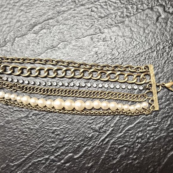 6-Strand Statement Bracelet – Brass Chains, Faux Pearls&Crystals 7" Y2K Revival - Picture 2 of 4